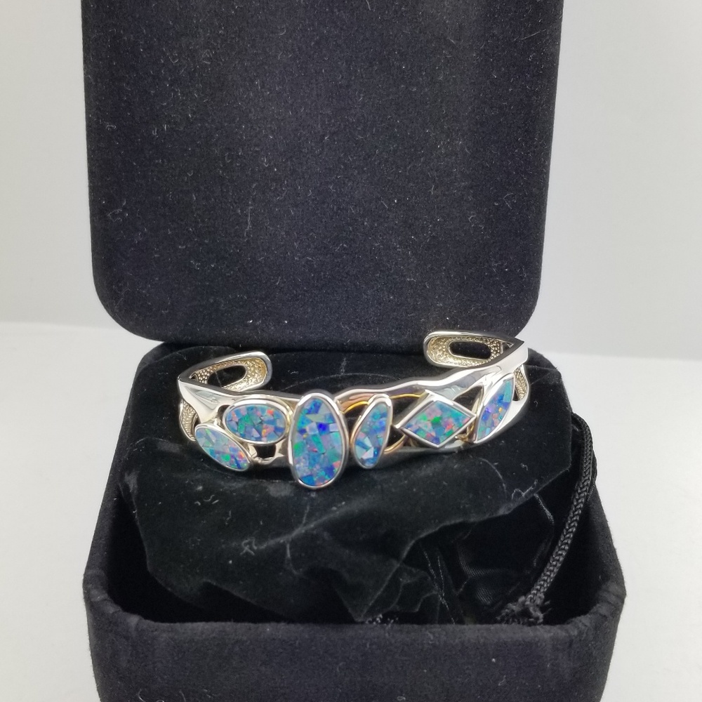 Australian Opal Mosaic Sterling Cuff Bracelet - Picture 3 of 8